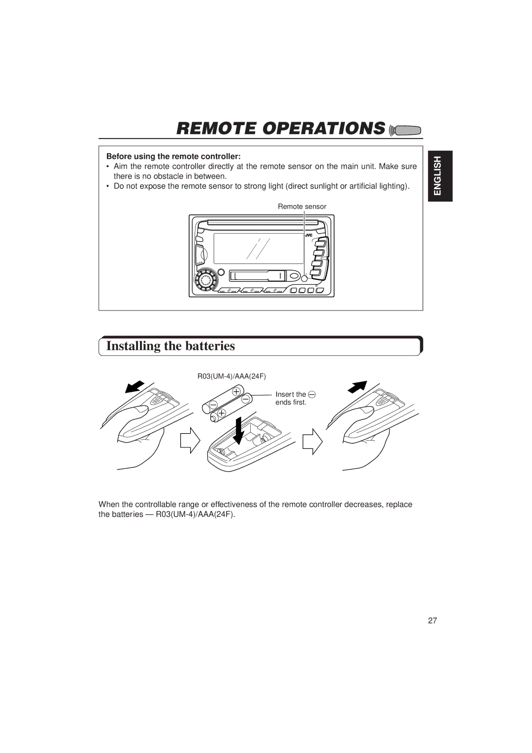 JVC KW-XC770 manual Remote Operations, Installing the batteries, Before using the remote controller 