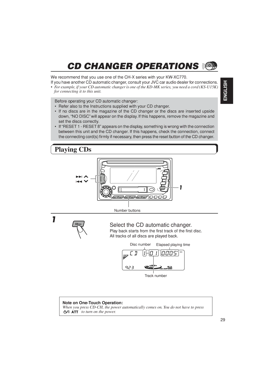 JVC KW-XC770 manual CD Changer Operations, Playing CDs 