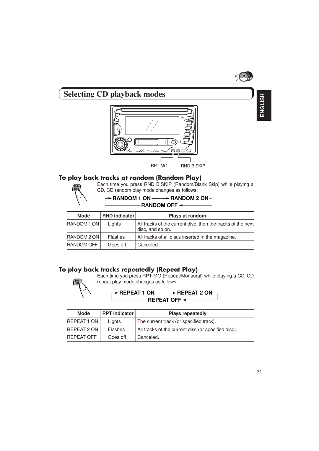 JVC KW-XC770 manual Selecting CD playback modes, Mode RND indicator Plays at random, Mode RPT indicator Plays repeatedly 