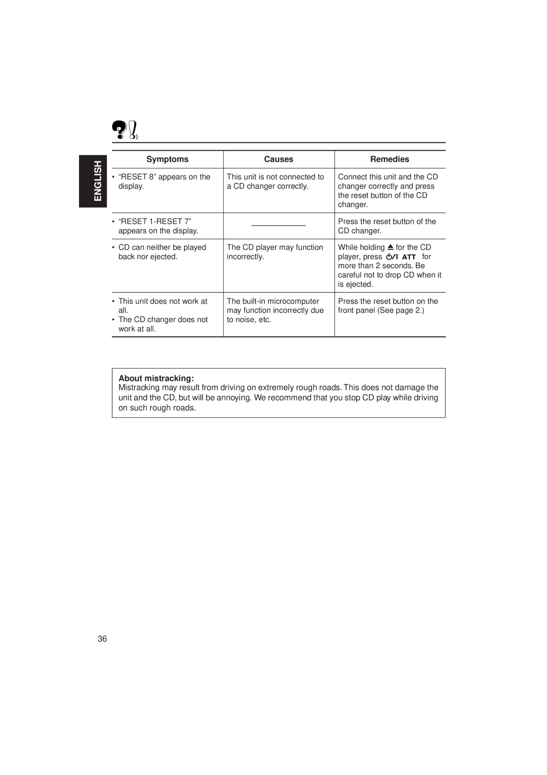 JVC KW-XC770 manual About mistracking, Reset 1-RESET 