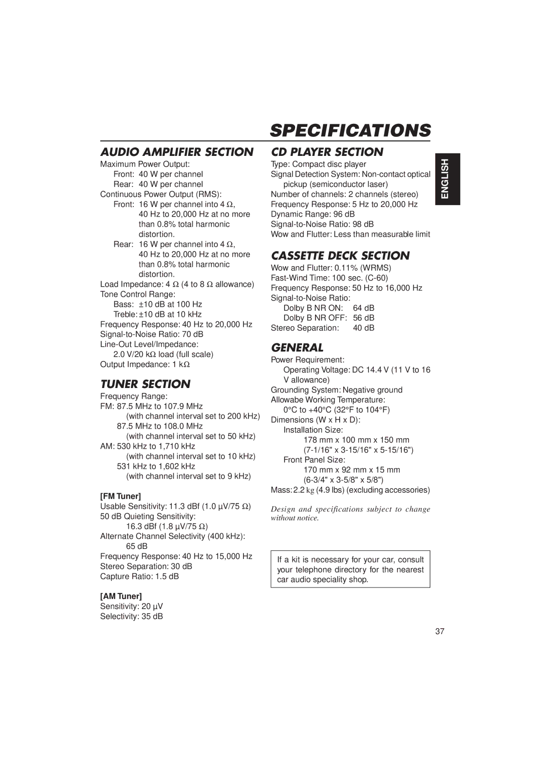 JVC KW-XC770 manual Specifications, FM Tuner, AM Tuner, Sensitivity 20 µV Selectivity 35 dB 