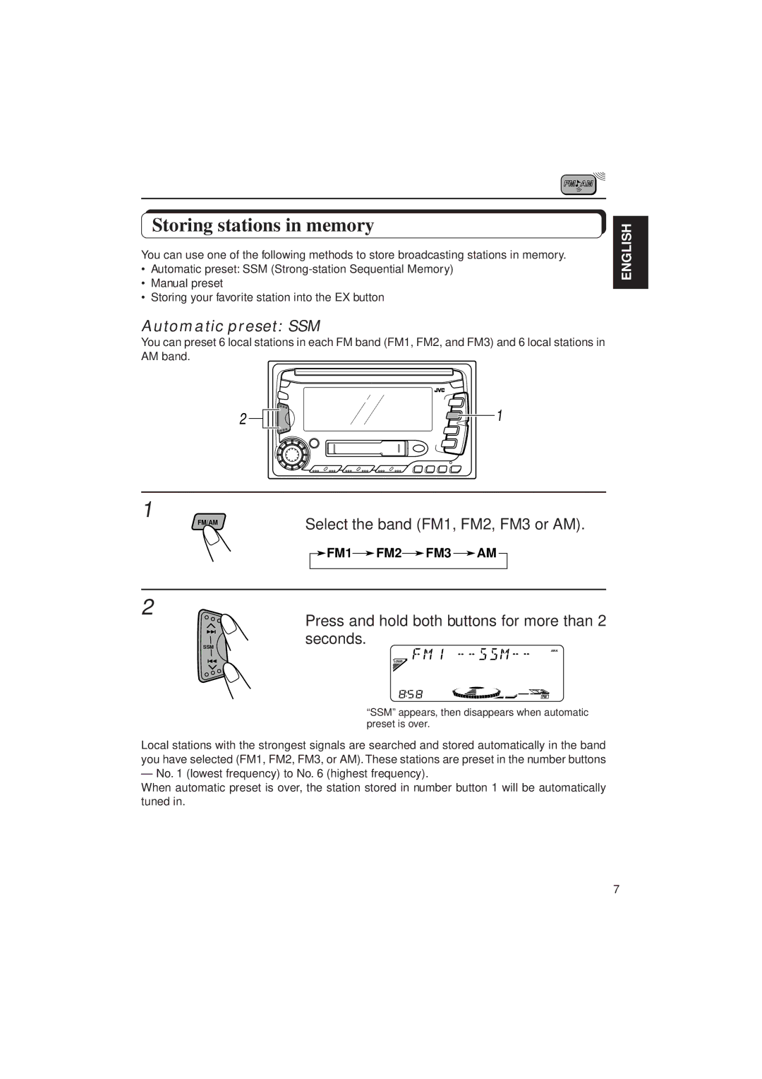 JVC KW-XC770 manual Storing stations in memory, Automatic preset SSM, Press and hold both buttons for more than 2 seconds 