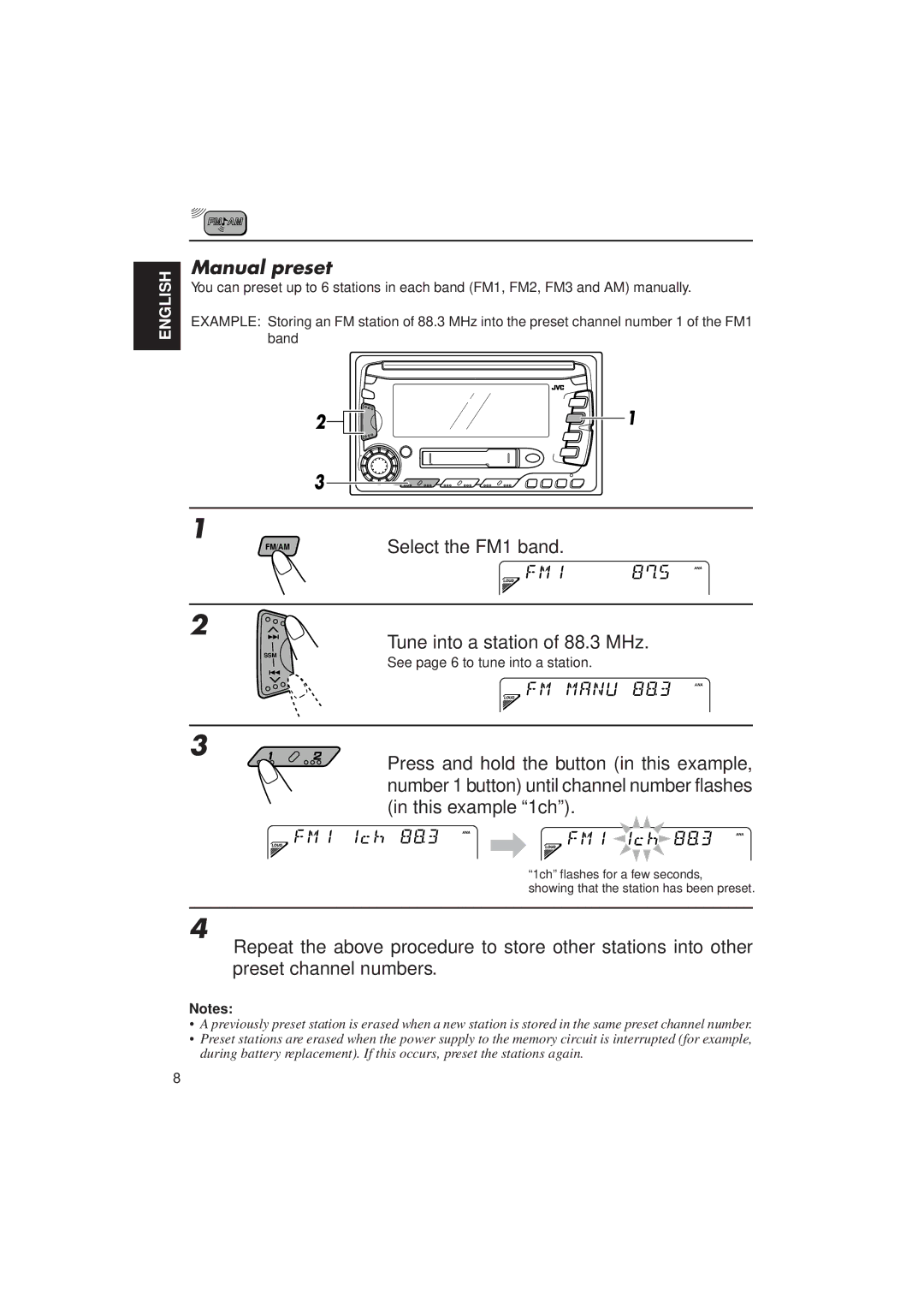 JVC KW-XC770 manual Manual preset, Tune into a station of 88.3 MHz, See page 6 to tune into a station 