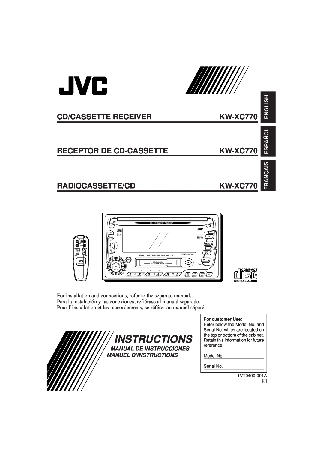 JVC KW-XC770 manual Instructions, Cd/Cassette Receiver Receptor De Cd-Cassette Radiocassette/Cd, Français Español English 
