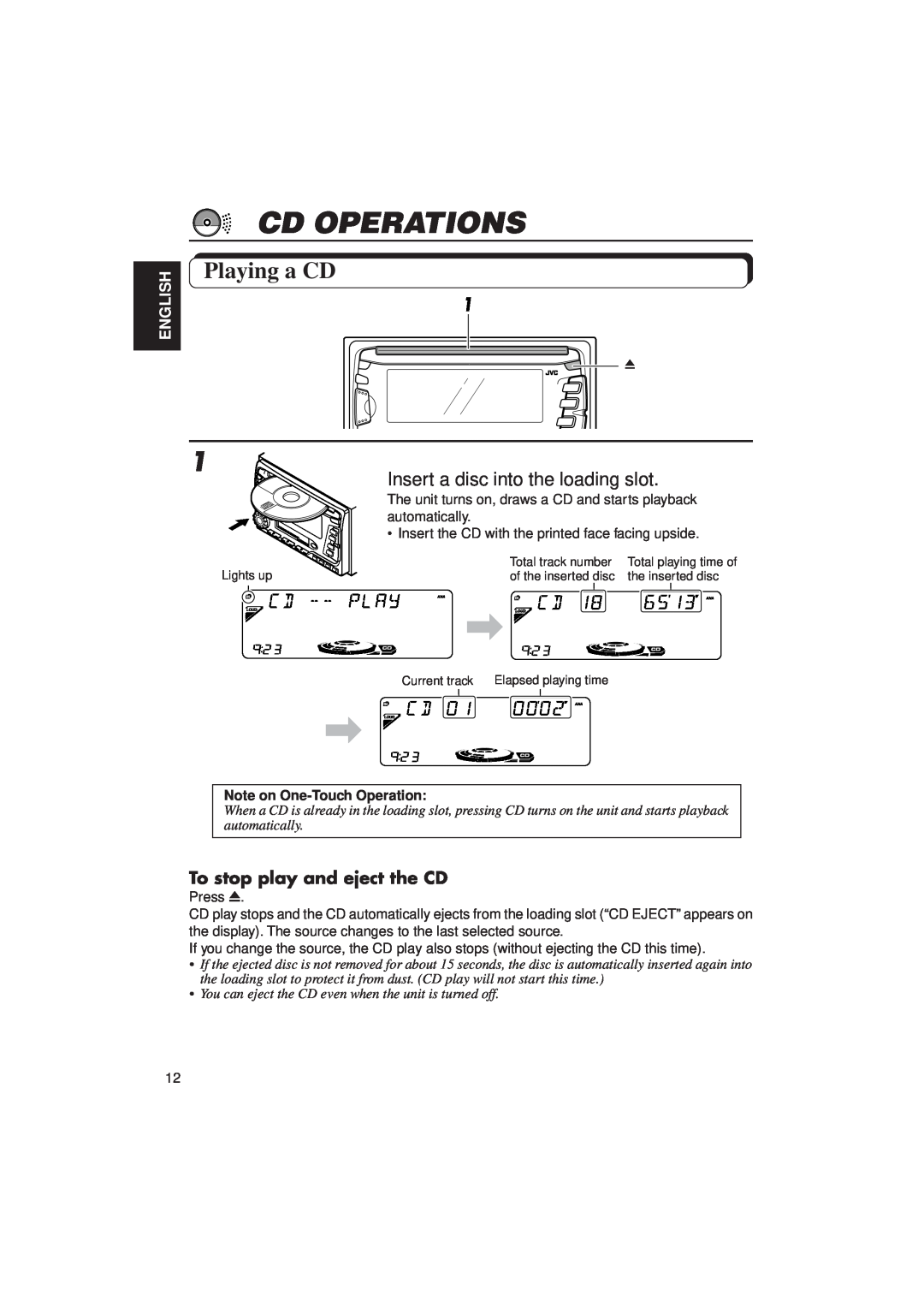 JVC KW-XC770 manual Cd Operations, Playing a CD, To stop play and eject the CD, English, Note on One-Touch Operation 