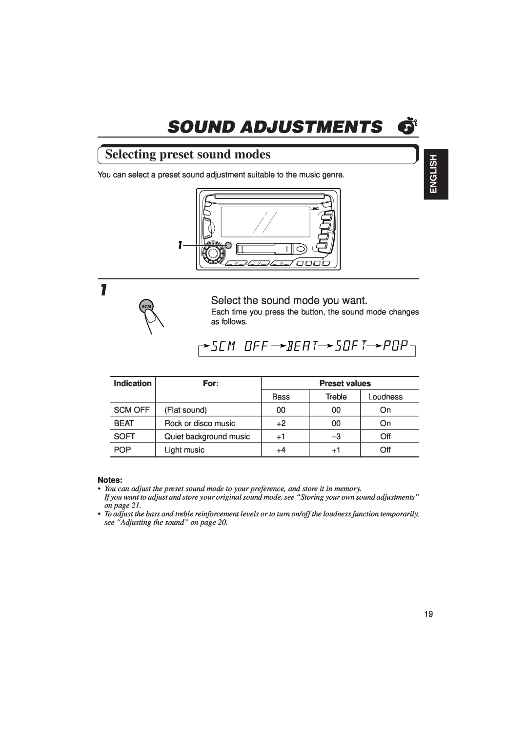 JVC KW-XC770 manual Sound Adjustments, Selecting preset sound modes, English, Indication, Preset values 