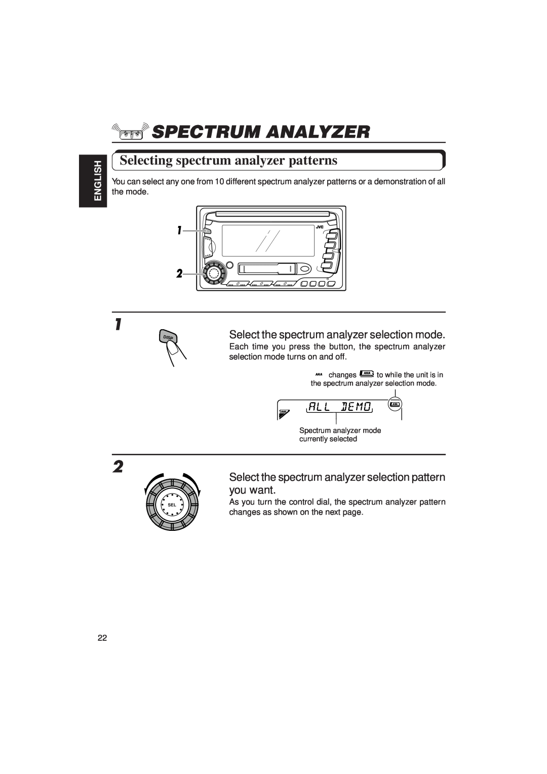 JVC KW-XC770 manual Spectrum Analyzer, Selecting spectrum analyzer patterns, English 