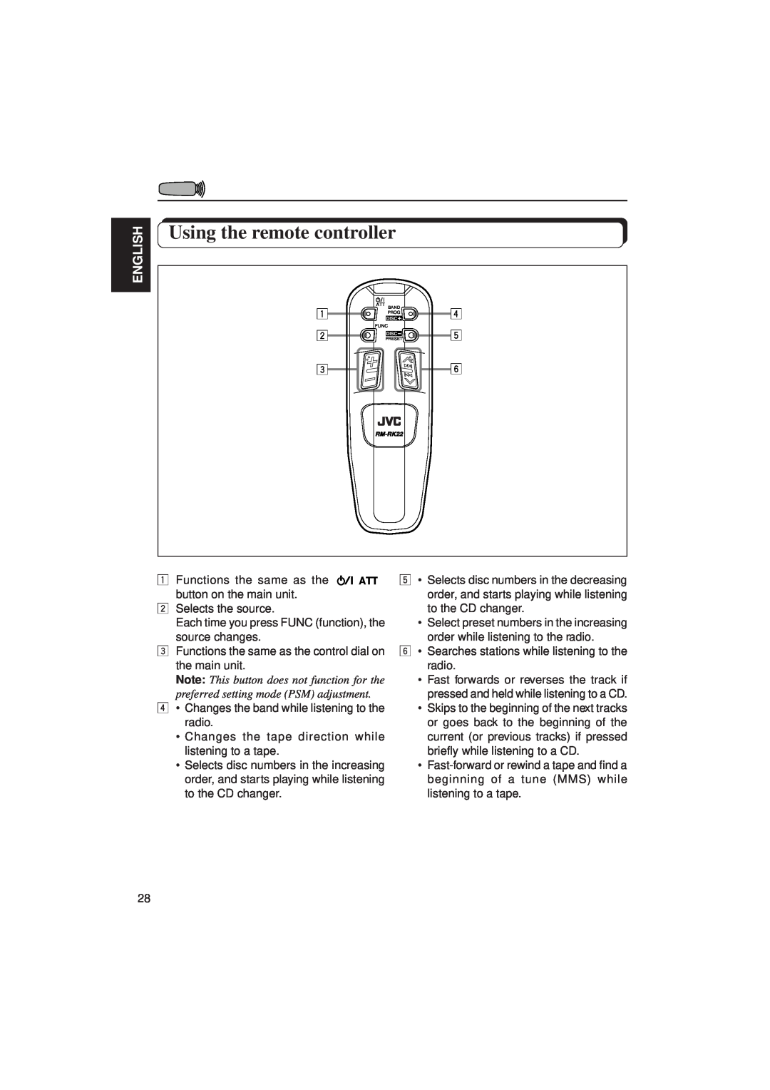 JVC KW-XC770 manual Using the remote controller, English 