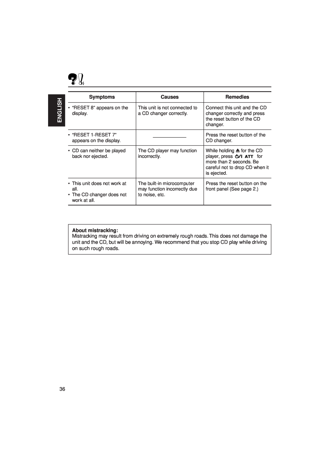 JVC KW-XC770 manual English, Symptoms, Causes, Remedies, About mistracking 