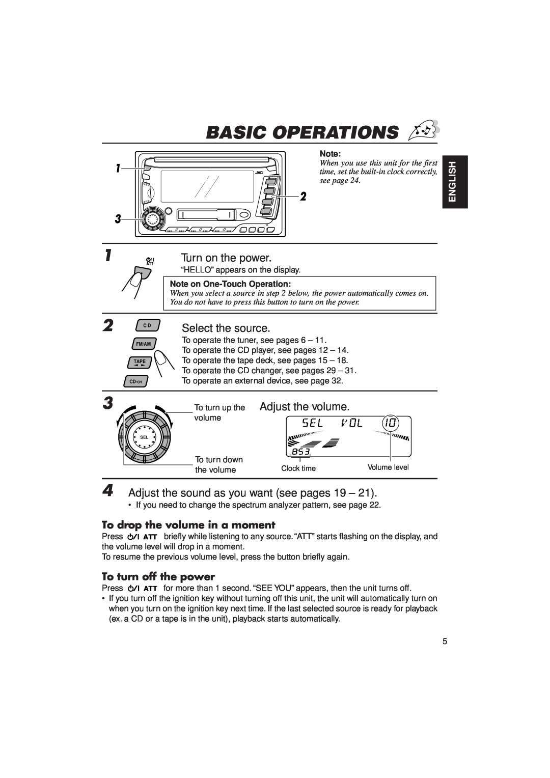 JVC KW-XC770 Basic Operations, To drop the volume in a moment, To turn off the power, English, Note on One-Touch Operation 