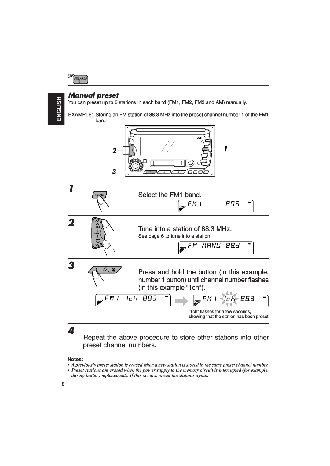 JVC KW-XC770 manual Manual preset, Select the FM1 band 