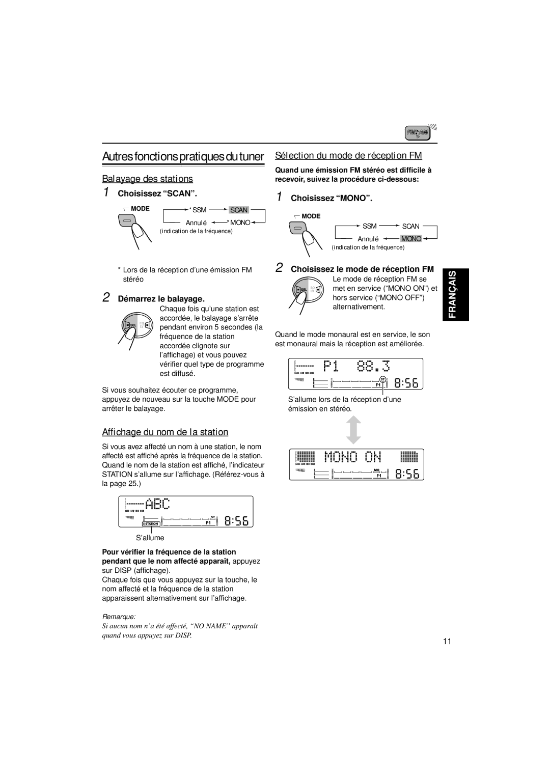 JVC KW-XC777 manual Balayage des stations, Affichage du nom de la station, Autres fonctions pratiques du tuner 