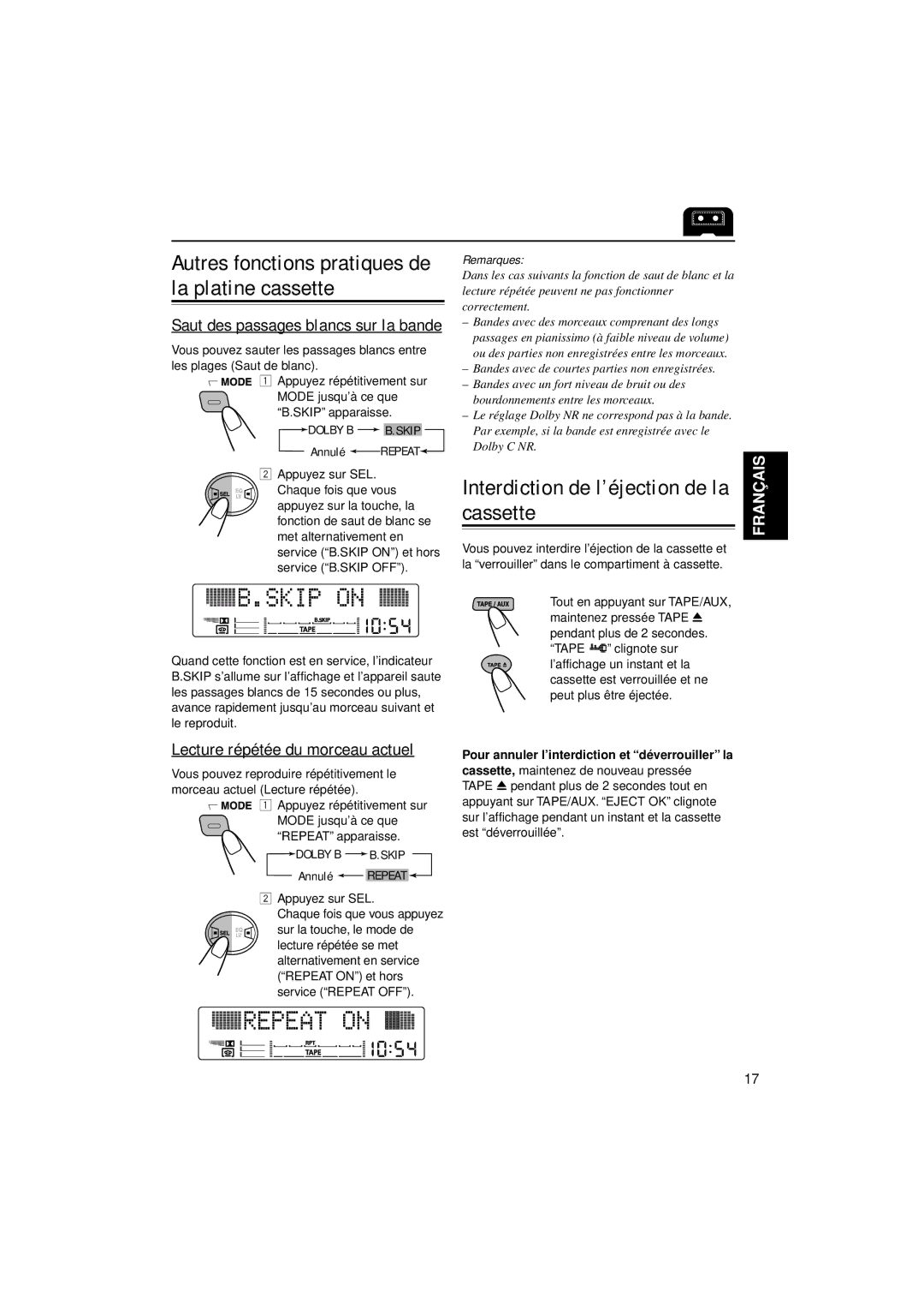 JVC KW-XC777 manual Interdiction de l’éjection de la cassette, Lecture répétée du morceau actuel 