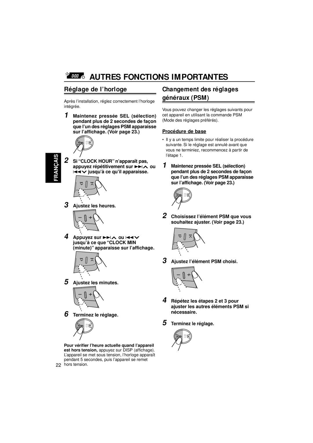 JVC KW-XC777 manual Autres Fonctions Importantes, Réglage de l’horloge, Procédure de base 