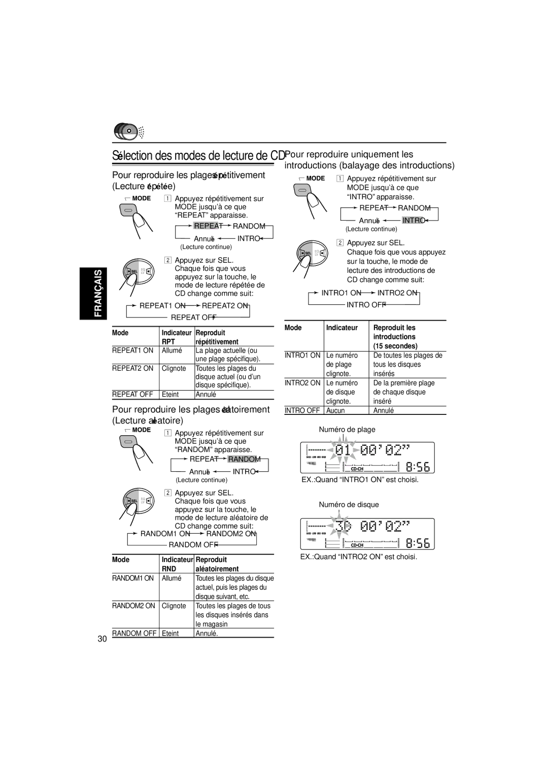 JVC KW-XC777 manual Répétitivement, Alé atoirement, Mode Indicateur Reproduit les Introductions Secondes 