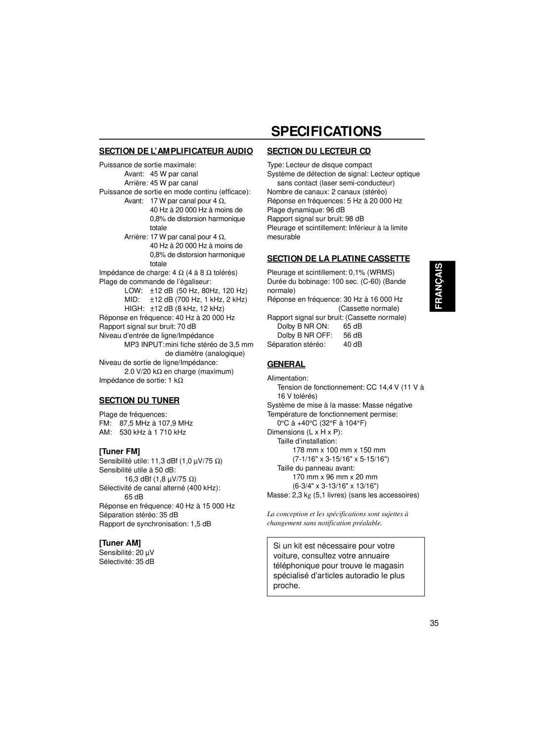 JVC KW-XC777 manual Specifications, Tuner FM, Tuner AM 