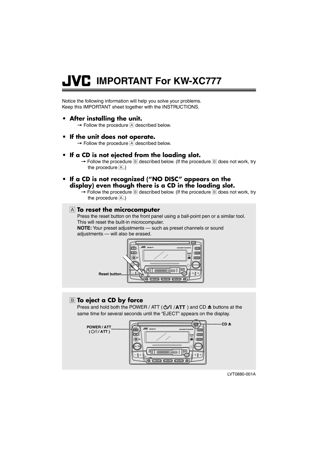 JVC manual Important For KW-XC777 