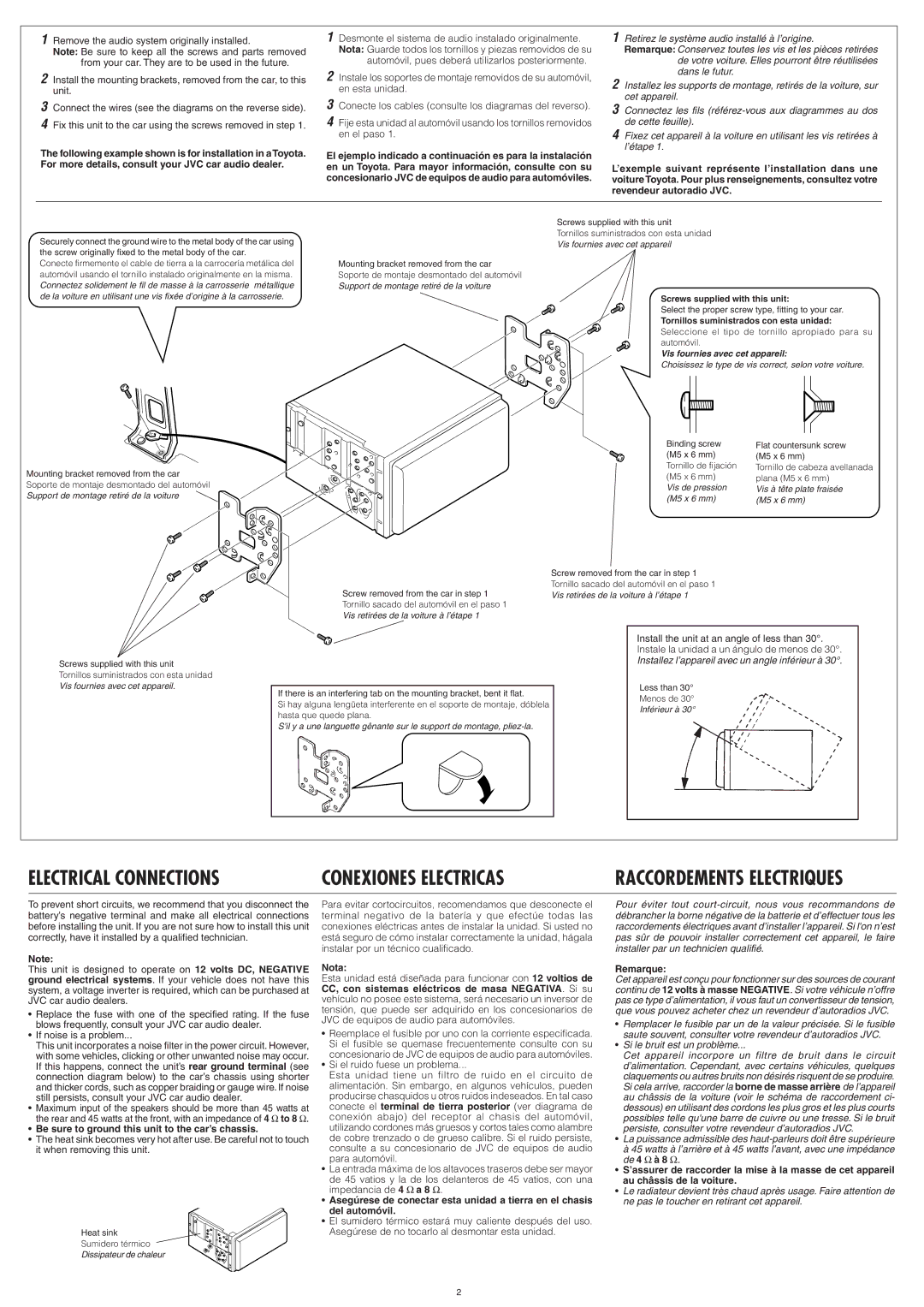 JVC KW-XC777 manual Be sure to ground this unit to the car’s chassis, Nota, Remarque, Vis fournies avec cet appareil 