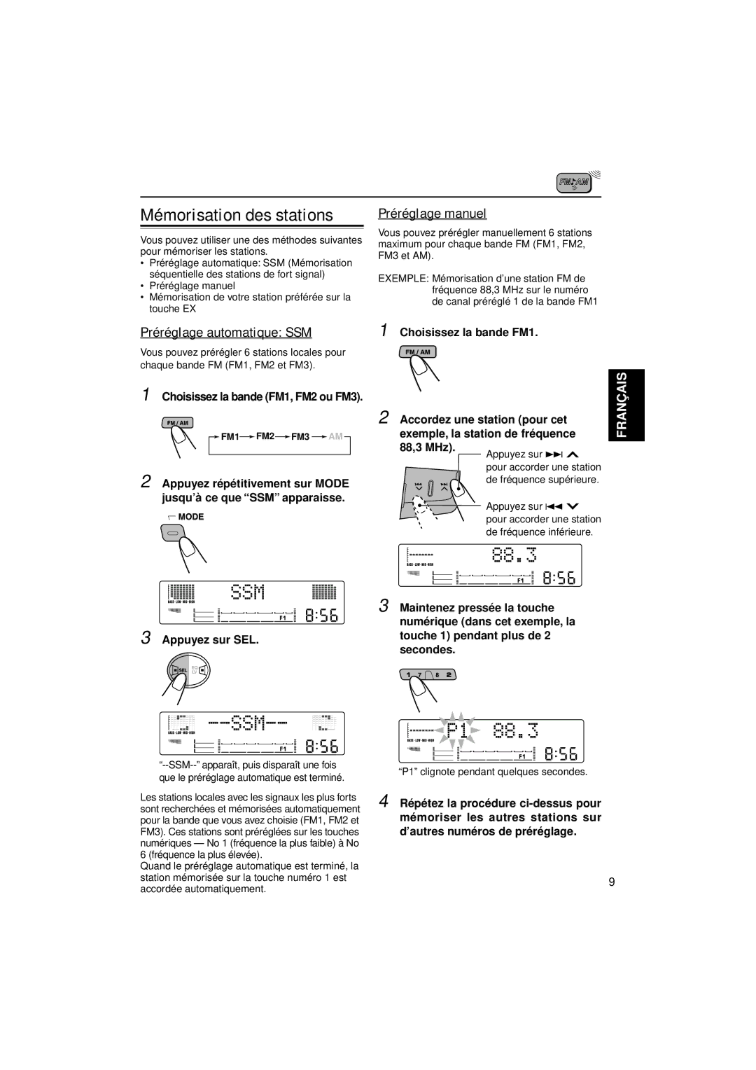 JVC KW-XC777 manual Mémorisation des stations, Préréglage automatique SSM, Préréglage manuel 