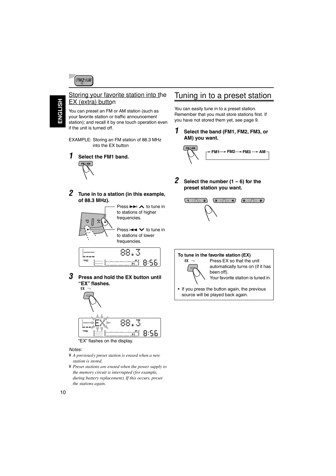 JVC KW-XC828 manual Tuning in to a preset station, Storing your favorite station into the EX extra button 