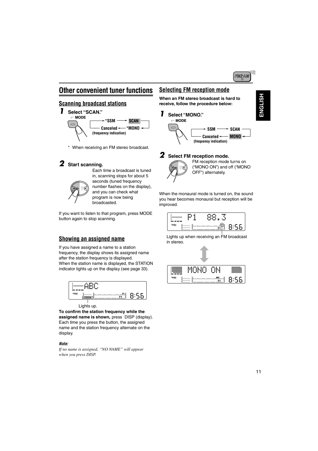 JVC KW-XC828 manual Showing an assigned name, Selecting FM reception mode 