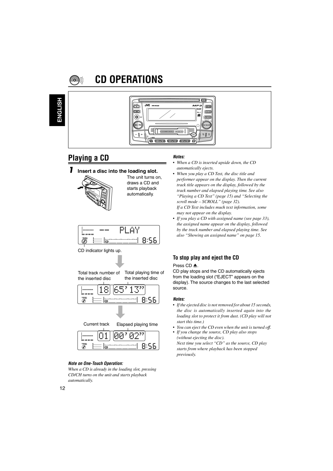 JVC KW-XC828 manual CD Operations, Playing a CD, To stop play and eject the CD, Insert a disc into the loading slot 