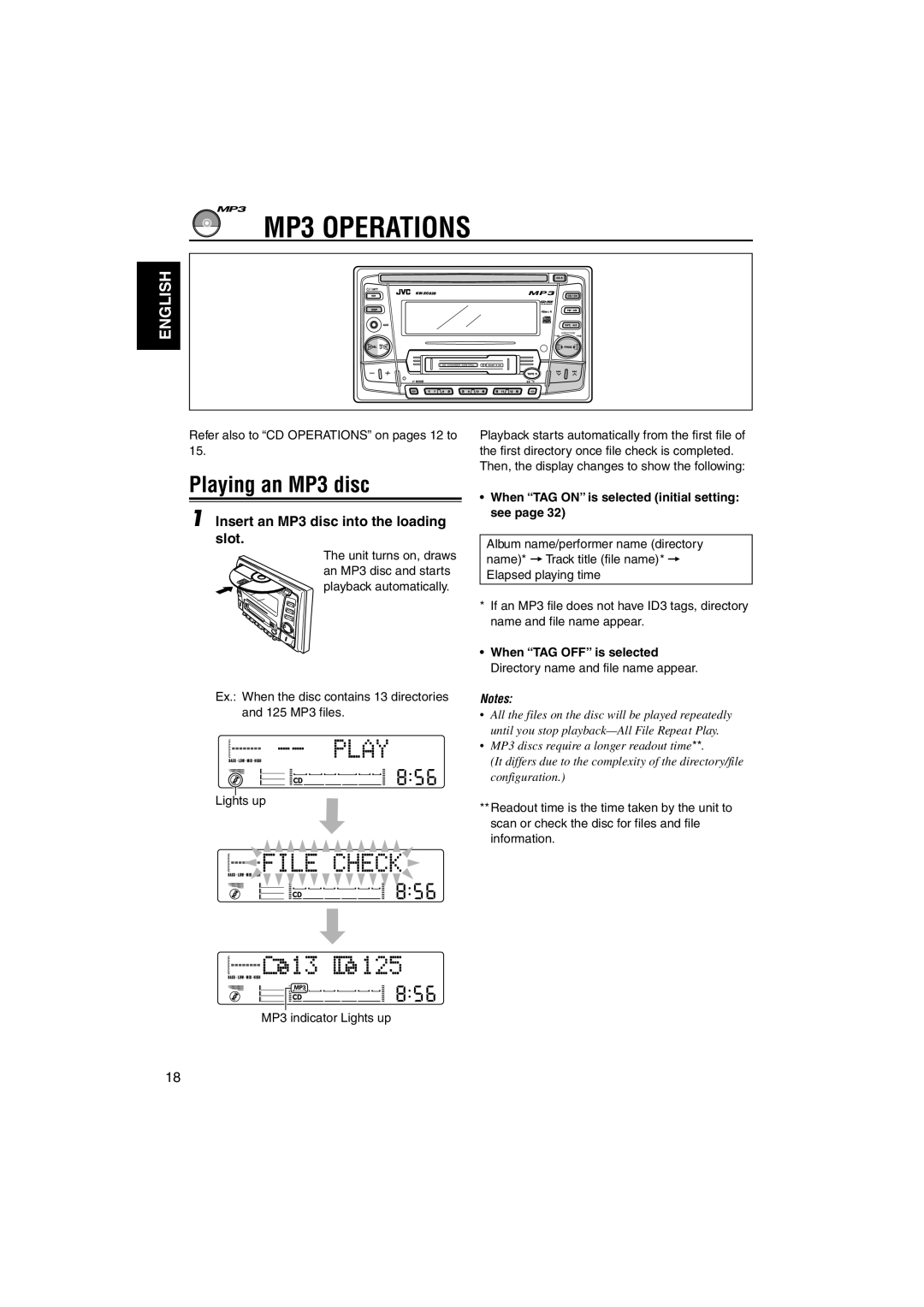 JVC KW-XC828 manual MP3 Operations, Playing an MP3 disc, Insert an MP3 disc into the loading slot 