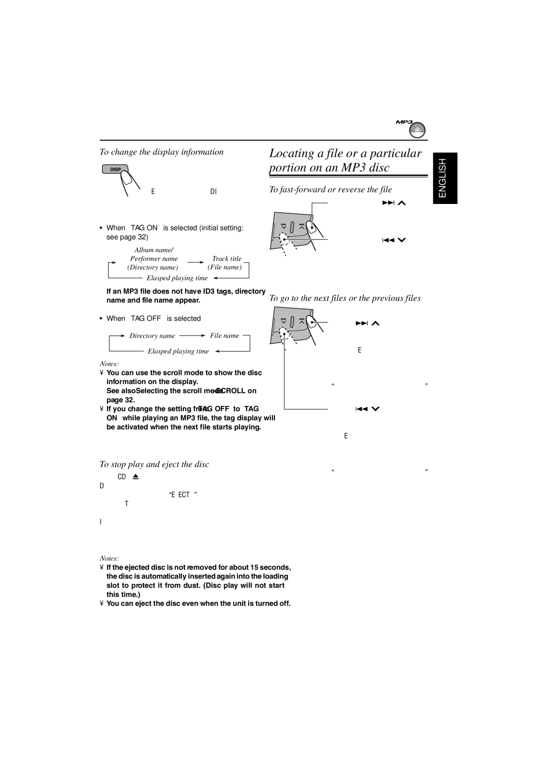 JVC KW-XC828 manual To change the display information, To stop play and eject the disc, To fast-forward or reverse the file 