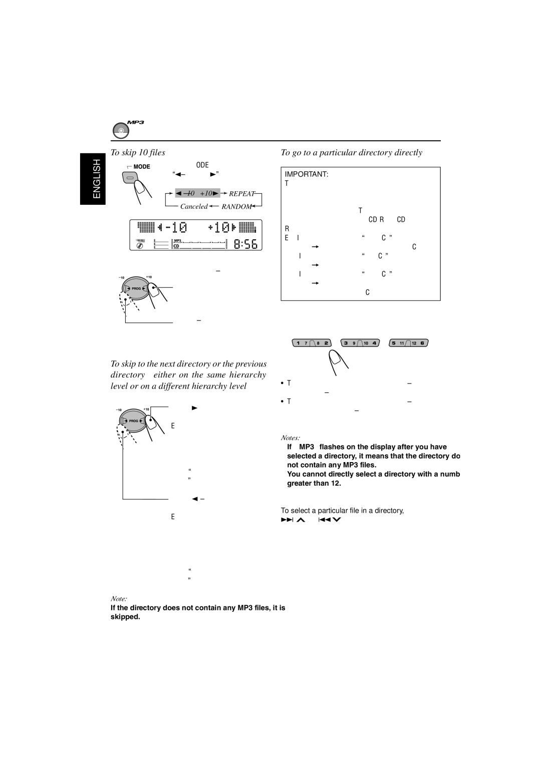 JVC KW-XC828 manual To skip 10 files, To go to a particular directory directly, 10 +10 3 Repeat Canceled Random 