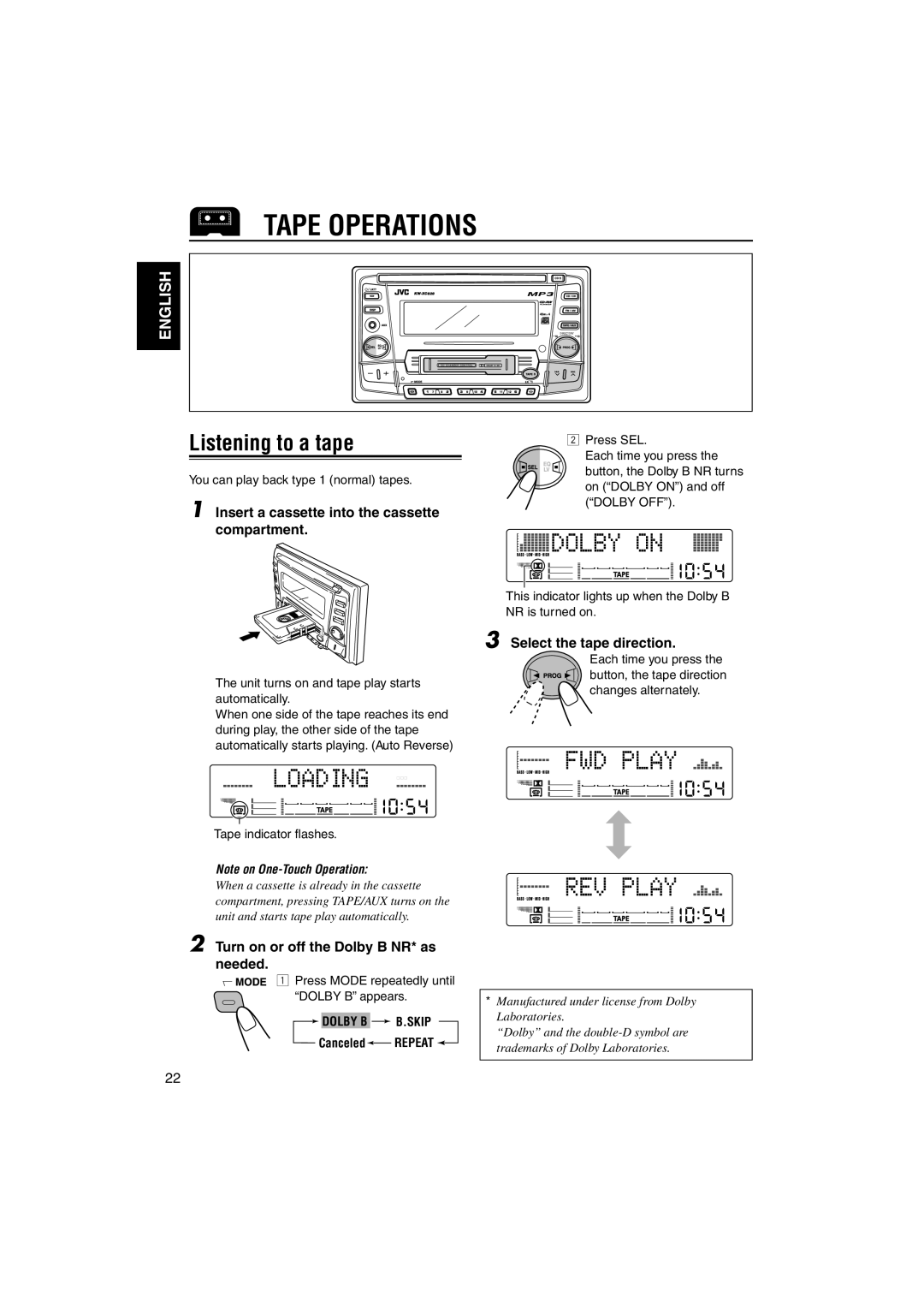 JVC KW-XC828 manual Tape Operations, Listening to a tape, Insert a cassette into the cassette compartment 