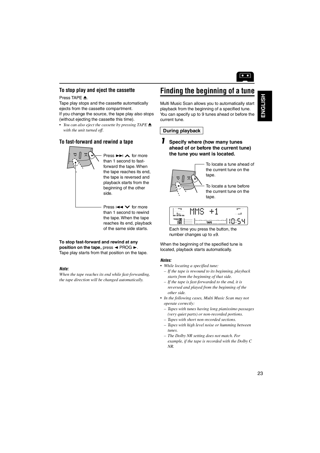JVC KW-XC828 manual Finding the beginning of a tune, To stop play and eject the cassette, To fast-forward and rewind a tape 