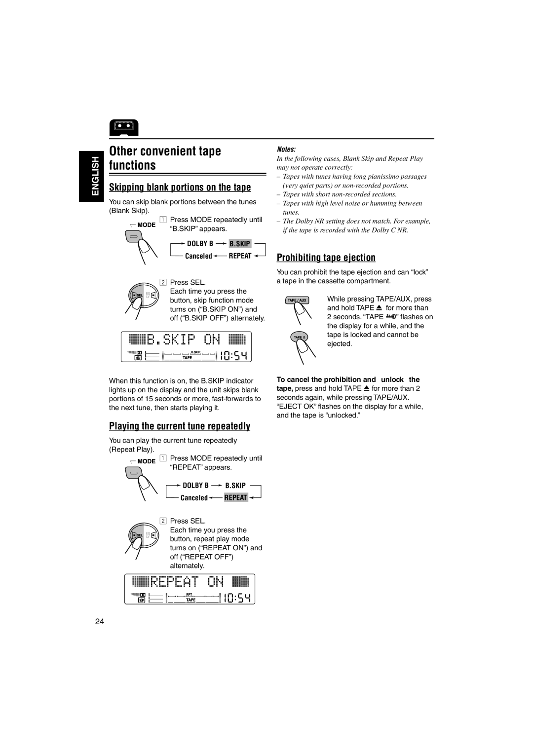 JVC KW-XC828 manual Other convenient tape functions, Playing the current tune repeatedly, Prohibiting tape ejection 