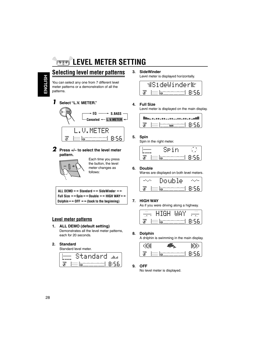 JVC KW-XC828 manual Level Meter Setting, Selecting level meter patterns, Level meter patterns 