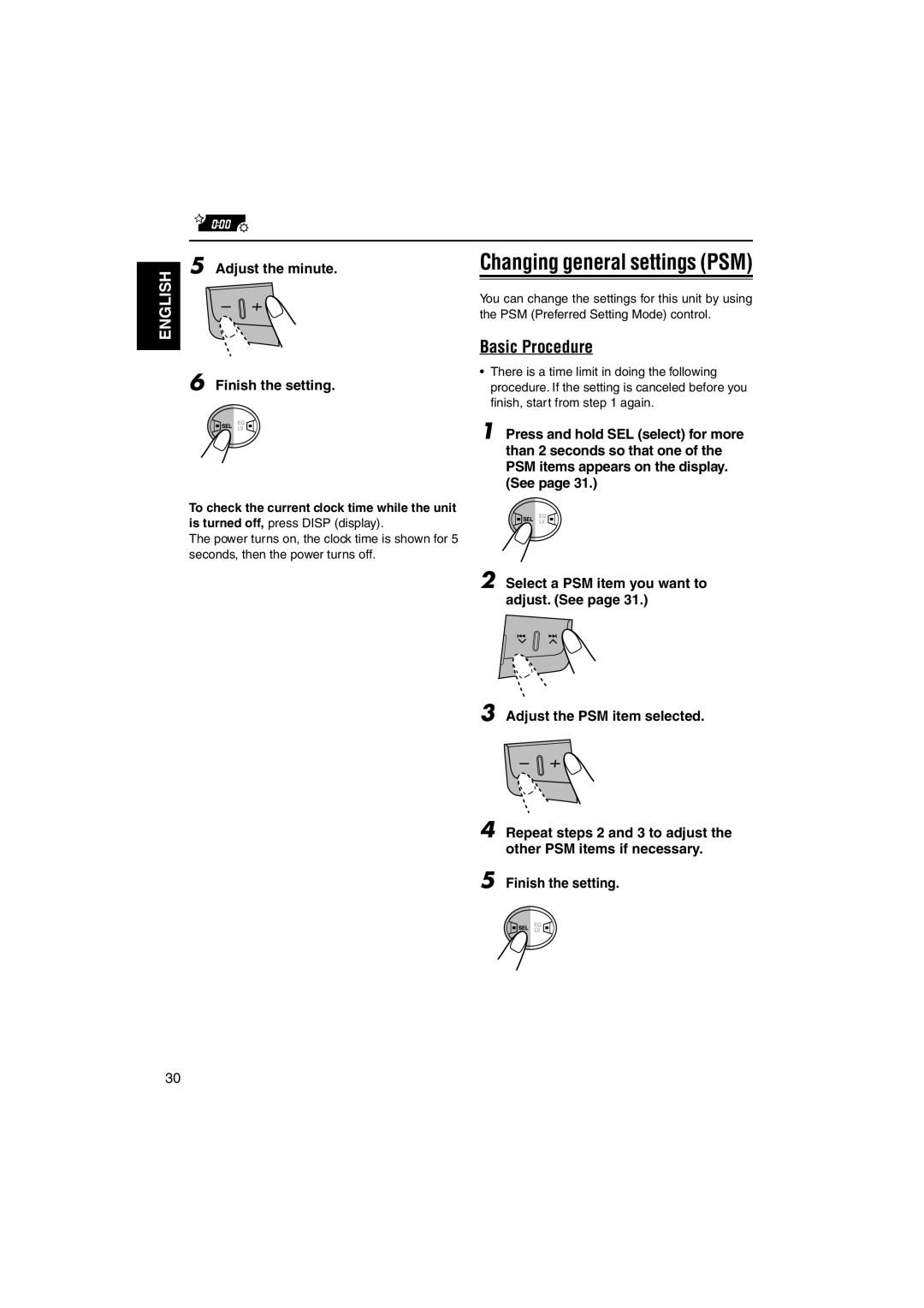 JVC KW-XC828 manual Changing general settings PSM, Basic Procedure, Adjust the minute, Finish the setting 