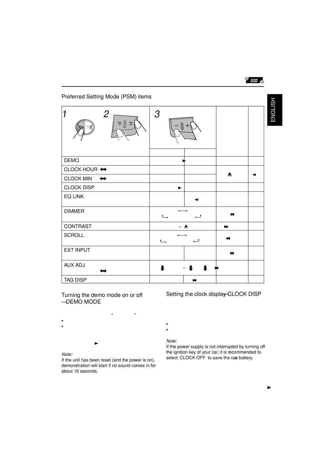 JVC KW-XC828 manual Preferred Setting Mode PSM items, Turning the demo mode on or off, Setting the clock display Clock Disp 