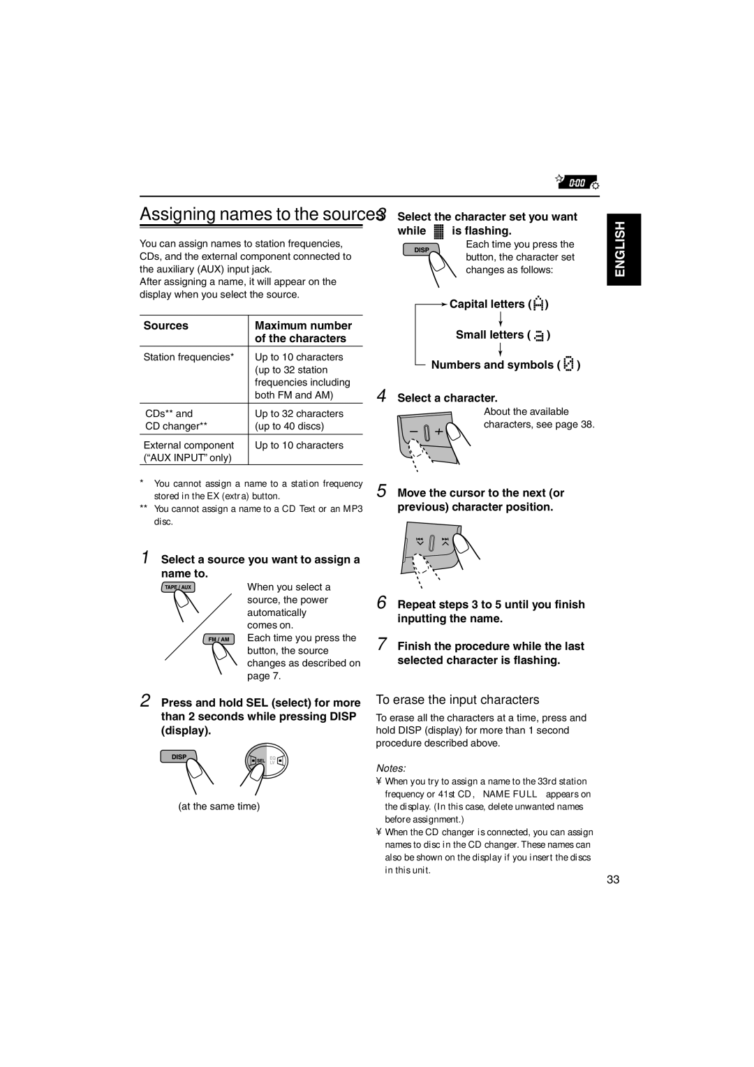 JVC KW-XC828 manual To erase the input characters, Sources Maximum number Characters, At the same time 