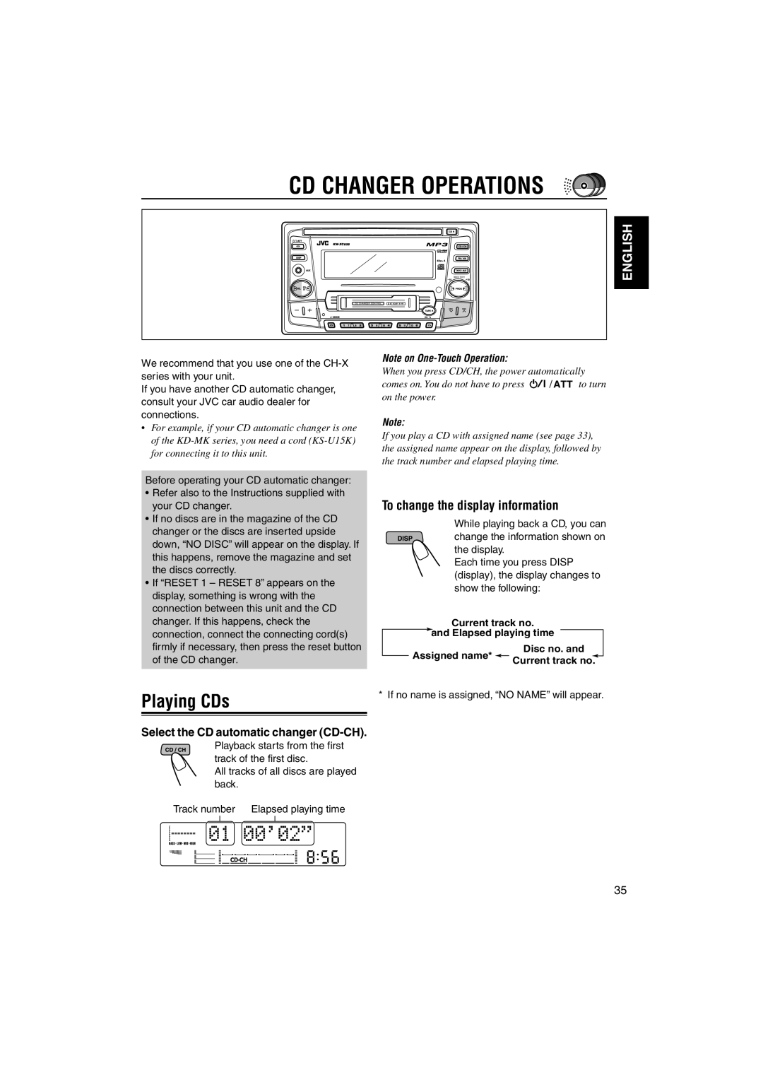 JVC KW-XC828 manual CD Changer Operations, Playing CDs, Select the CD automatic changer CD-CH 