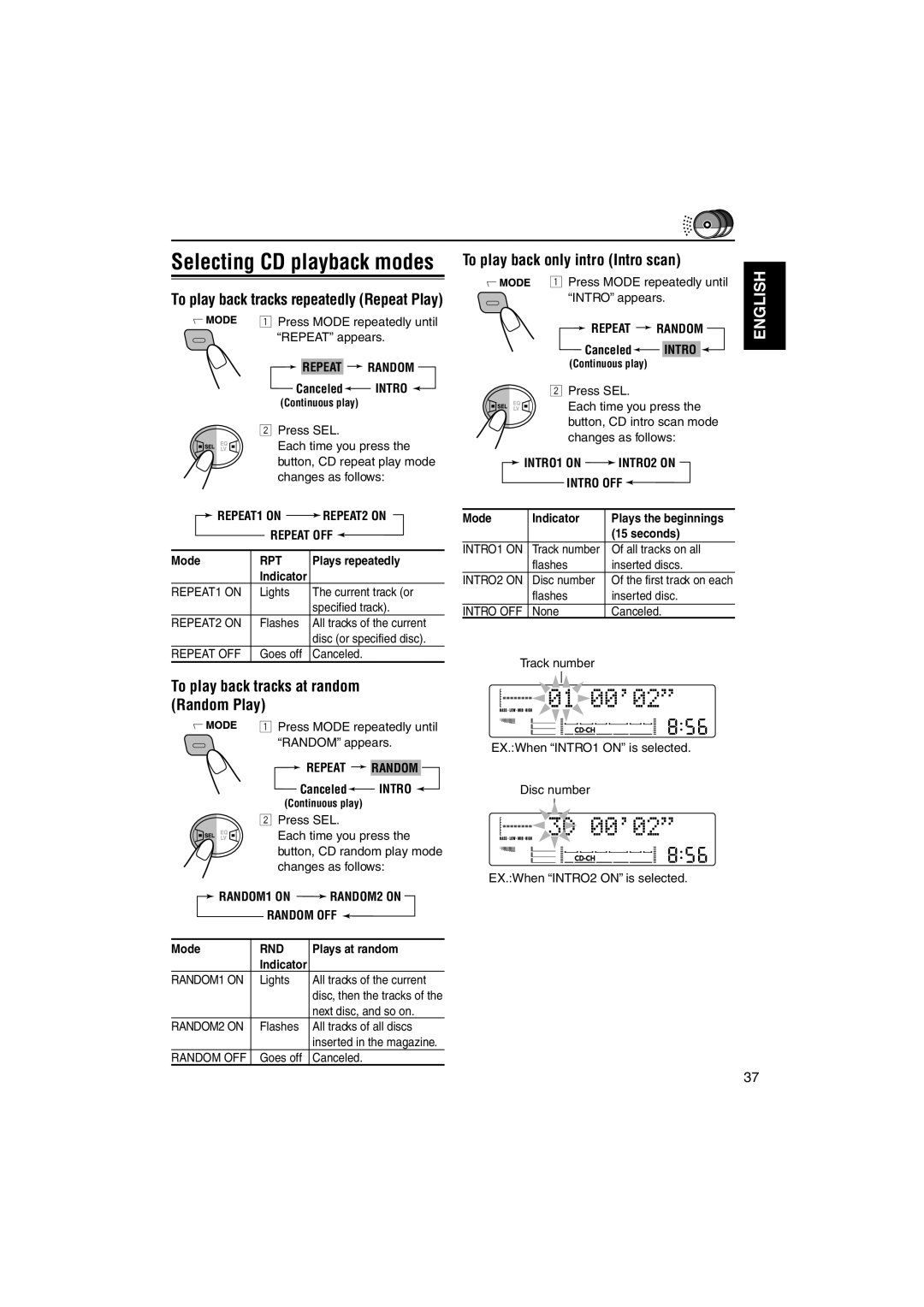 JVC KW-XC828 manual Repeat Random, Canceled Intro, INTRO1 on INTRO2 on Intro OFF, Mode Indicator, Seconds 