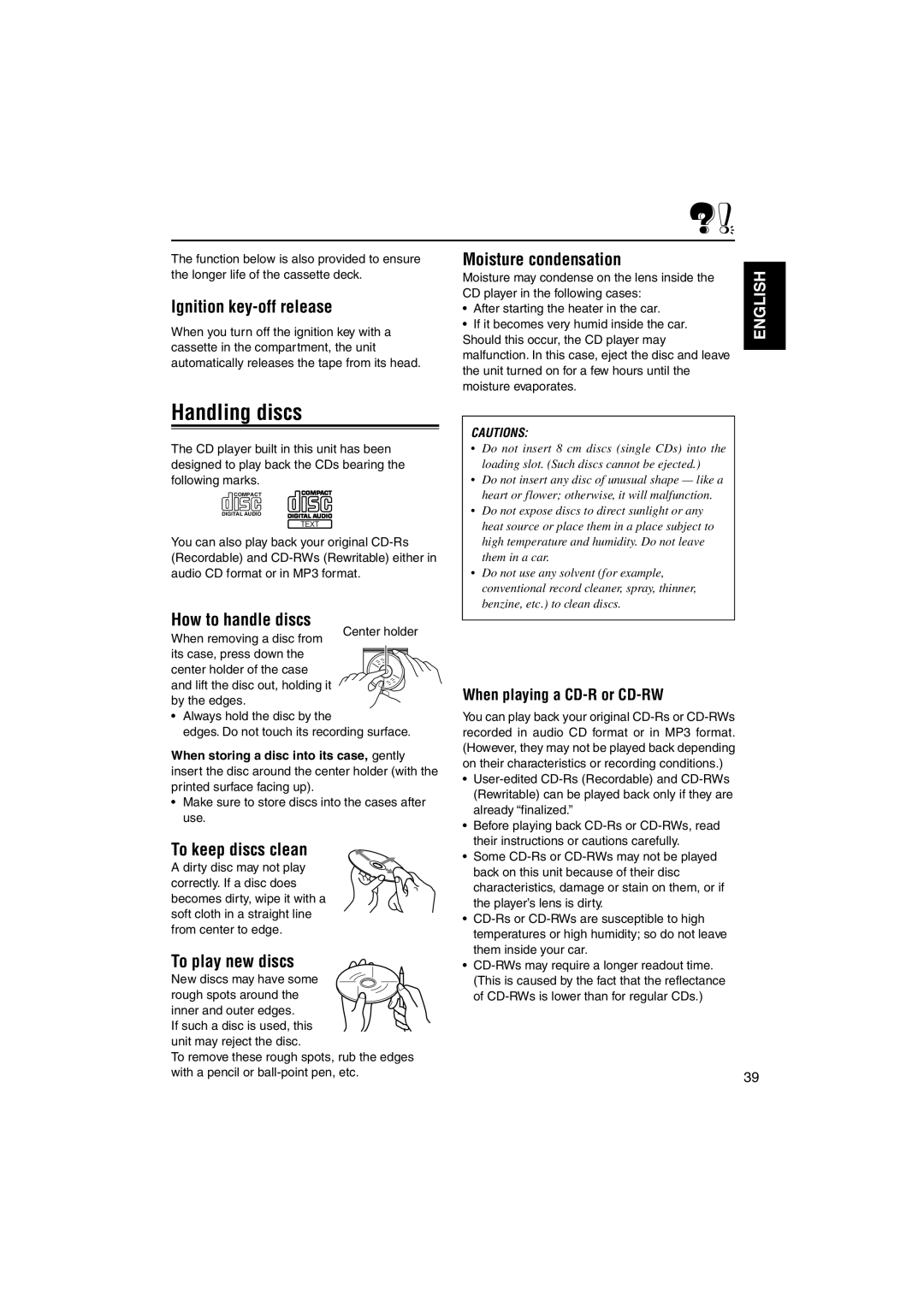 JVC KW-XC828 manual Handling discs 