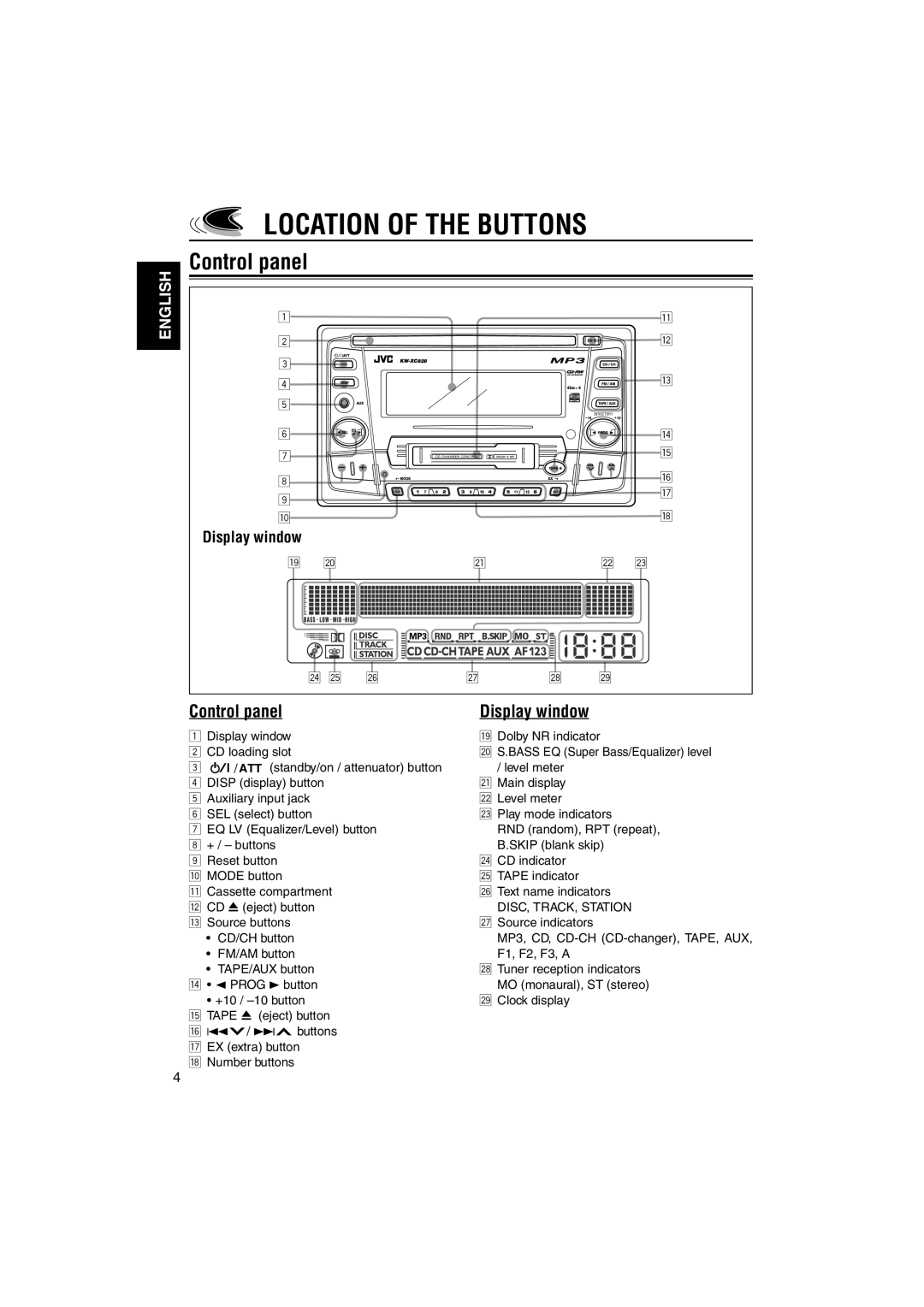 JVC KW-XC828 manual Location of the Buttons, Control panel, Display window 