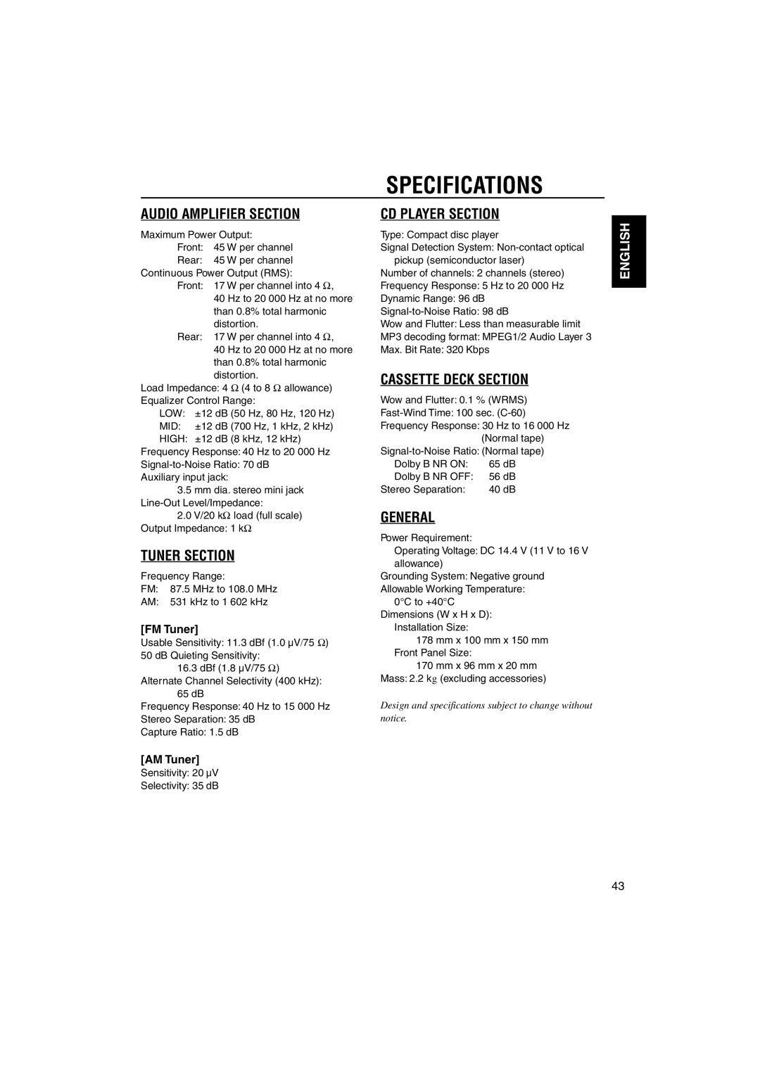 JVC KW-XC828 manual Specifications, FM Tuner, AM Tuner, Sensitivity 20 µV Selectivity 35 dB 