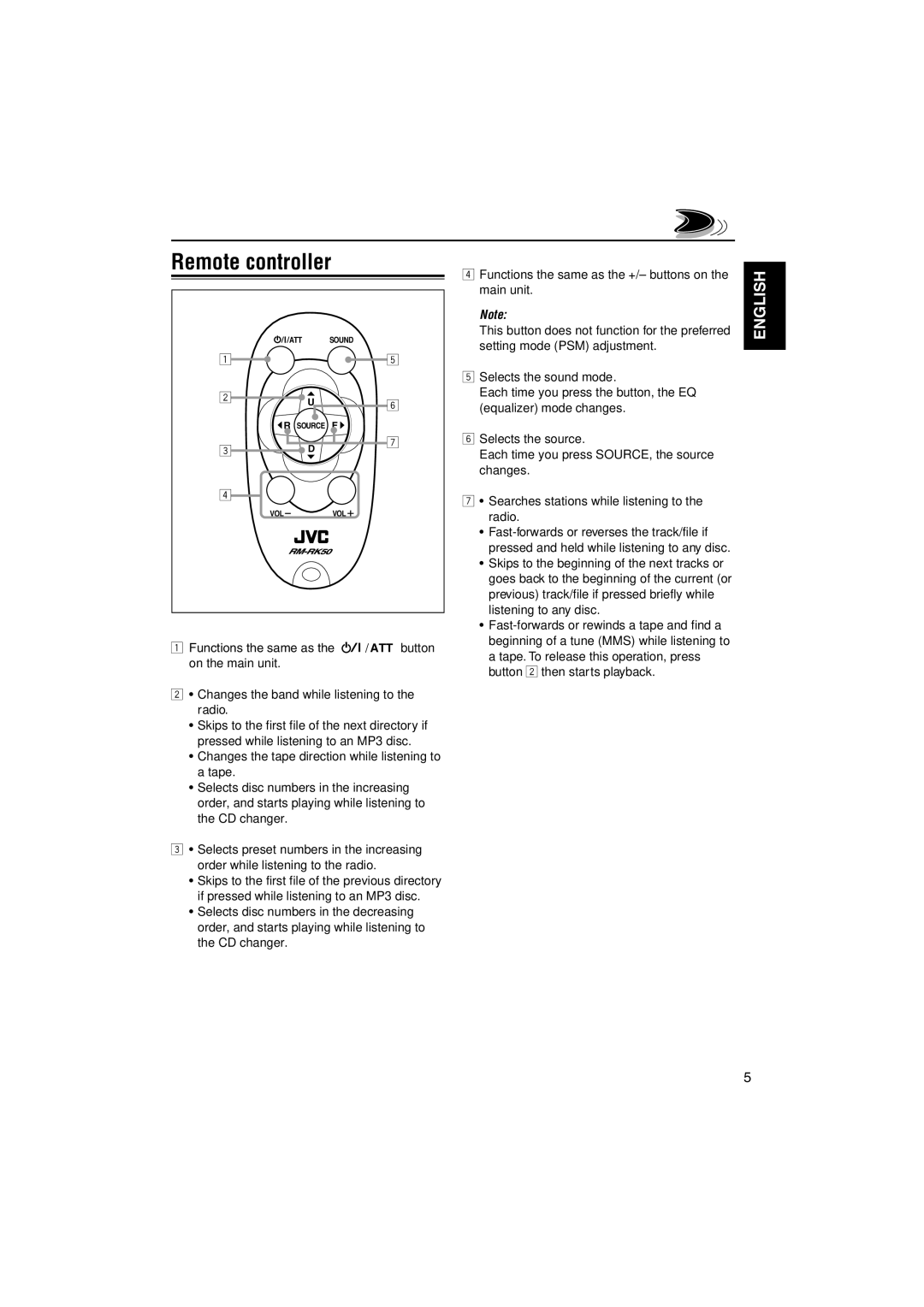 JVC KW-XC828 manual Remote controller 