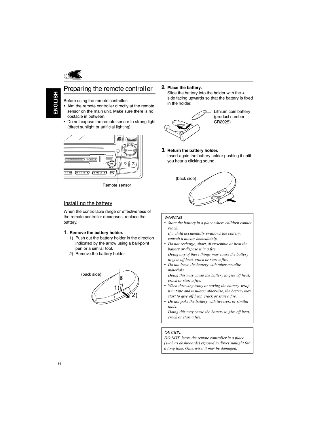 JVC KW-XC828 manual Preparing the remote controller, Installing the battery, Place the battery, Return the battery holder 