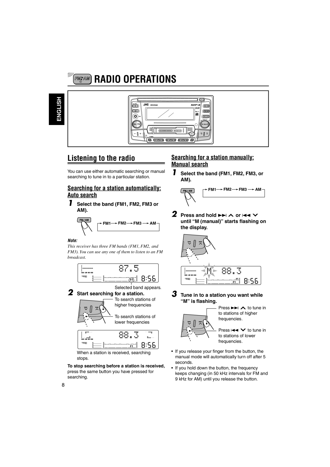 JVC KW-XC828 manual Listening to the radio, Searching for a station automatically Auto search 