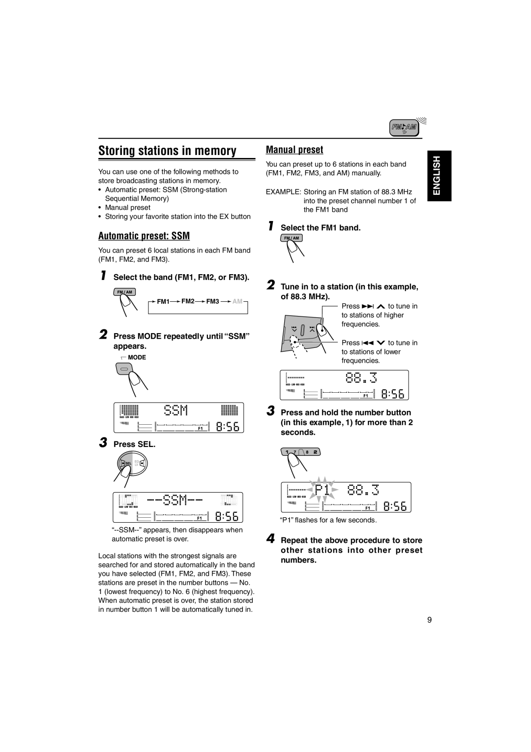 JVC KW-XC828 manual Storing stations in memory, Automatic preset SSM, Manual preset, Select the FM1 band 