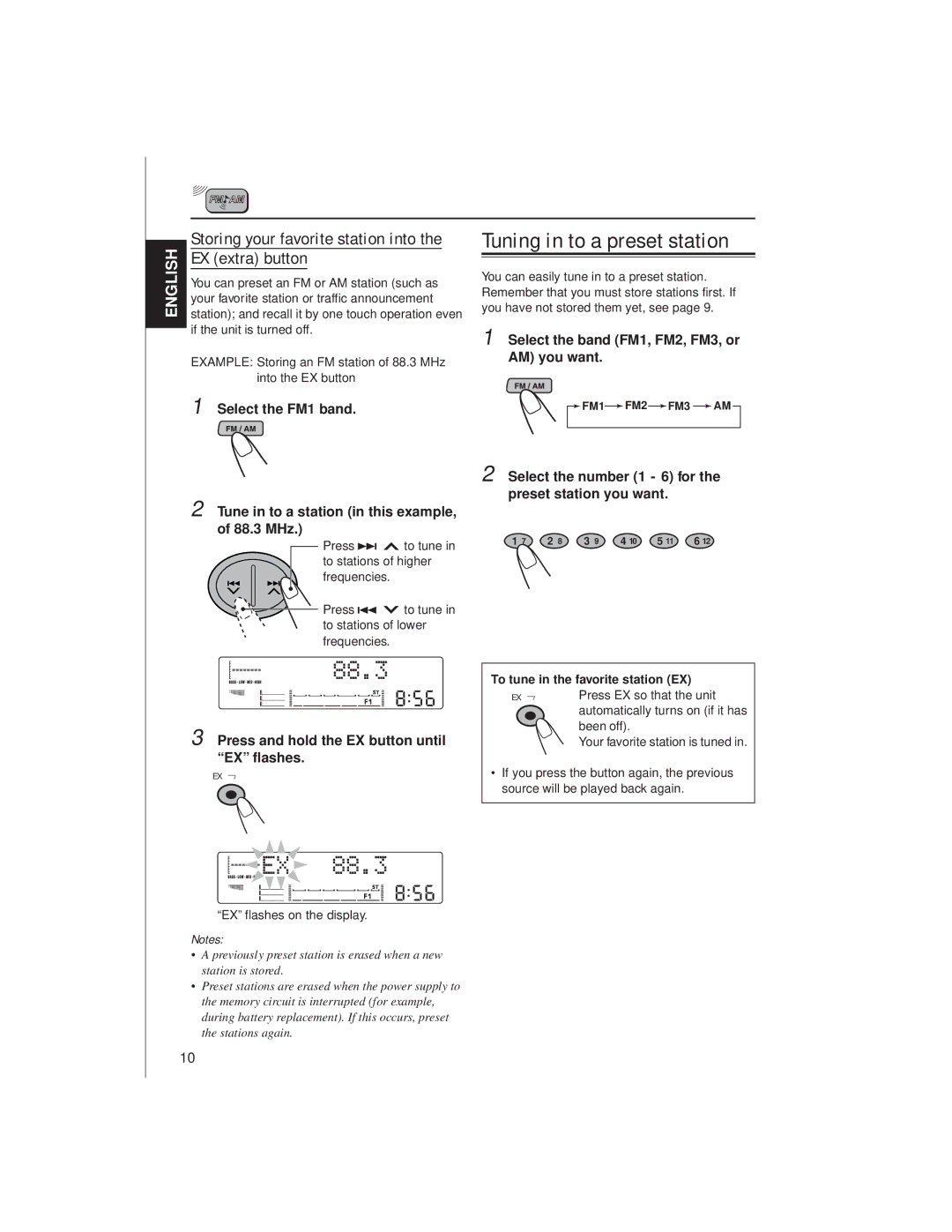 JVC KW-XC88 manual EX extra button, Storing your favorite station into, Tuning in to a preset station 