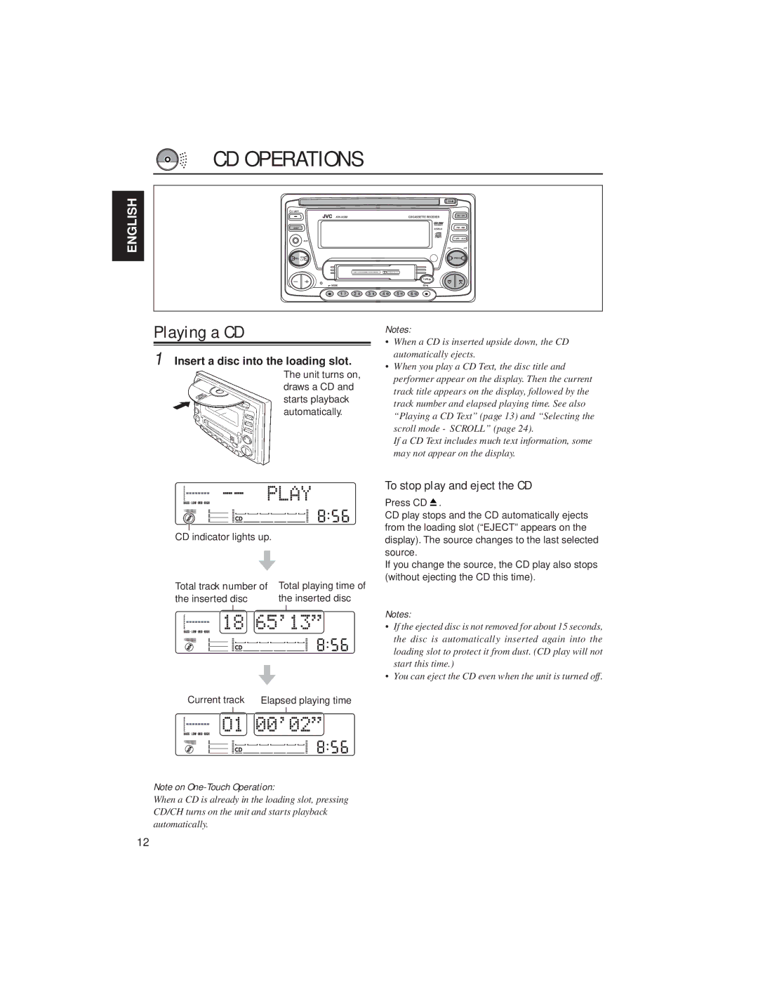 JVC KW-XC88 manual CD Operations, Playing a CD, To stop play and eject the CD, Insert a disc into the loading slot 