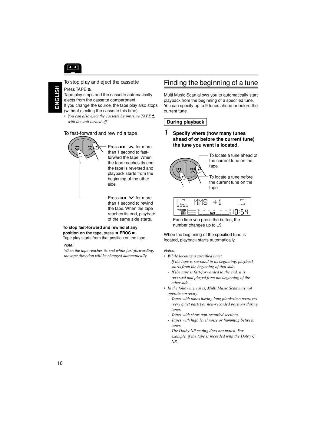 JVC KW-XC88 manual To stop play and eject the cassette, To fast-forward and rewind a tape, Press Tape 