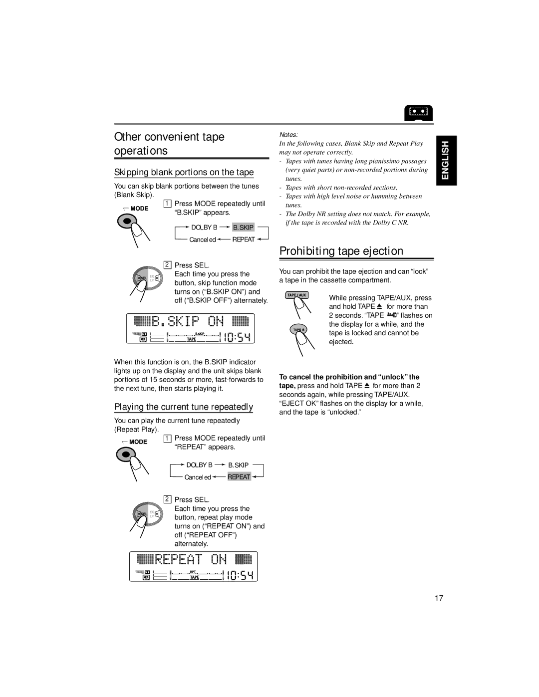 JVC KW-XC88 manual Other convenient tape operations, Prohibiting tape ejection, Playing the current tune repeatedly 