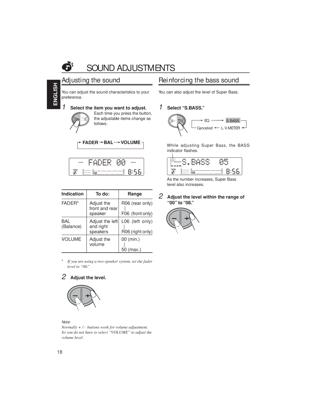 JVC KW-XC88 manual Sound Adjustments, Adjusting the sound, Reinforcing the bass sound 